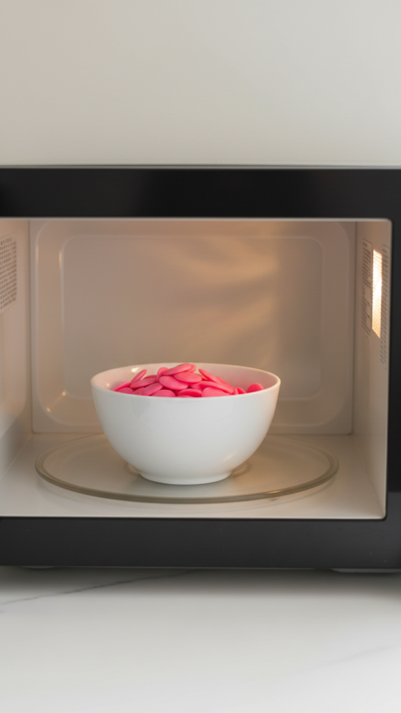 pink candy melts in white bowl in microwave