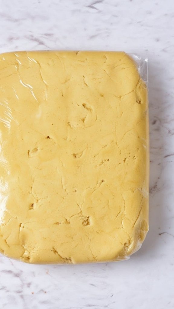 dough wrapped in cling film to cool 