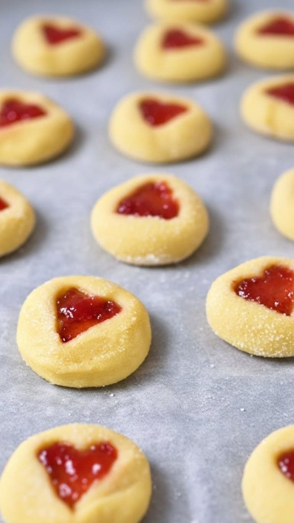heart centered cookies on baking paper on a baking tray
