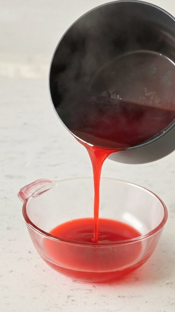 Jello mixture heated up and being poured into glass bowl