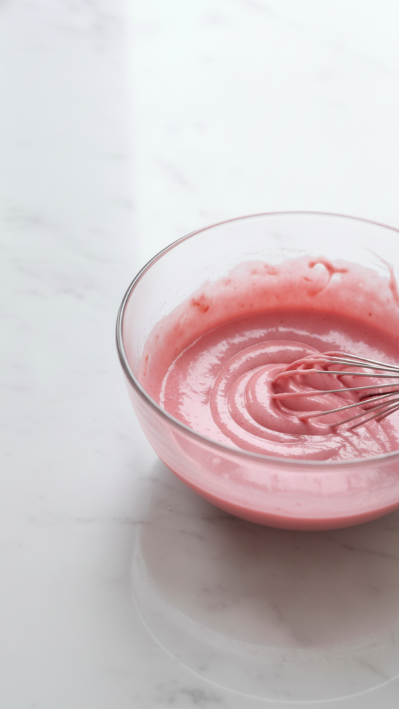 pink muffin mixture in glass bowl for Cupid Arrow Cupcakes