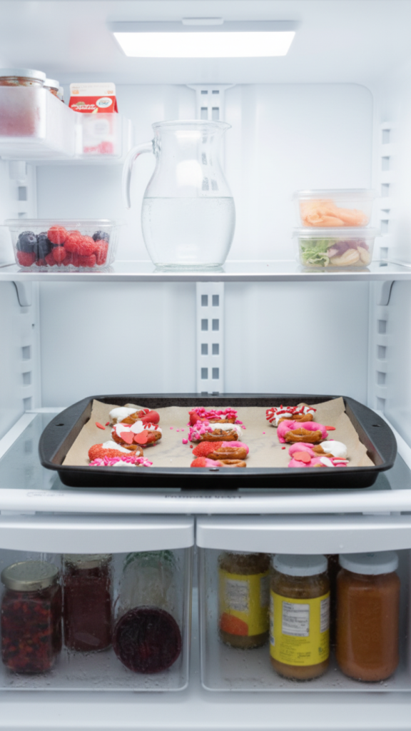 Valentine’s Day Pretzels cooling in the fridge