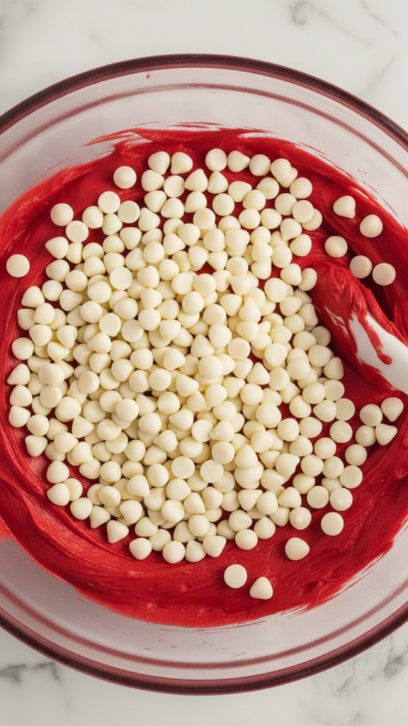 red velvet cookie dough with white chocolate chips added to mixture