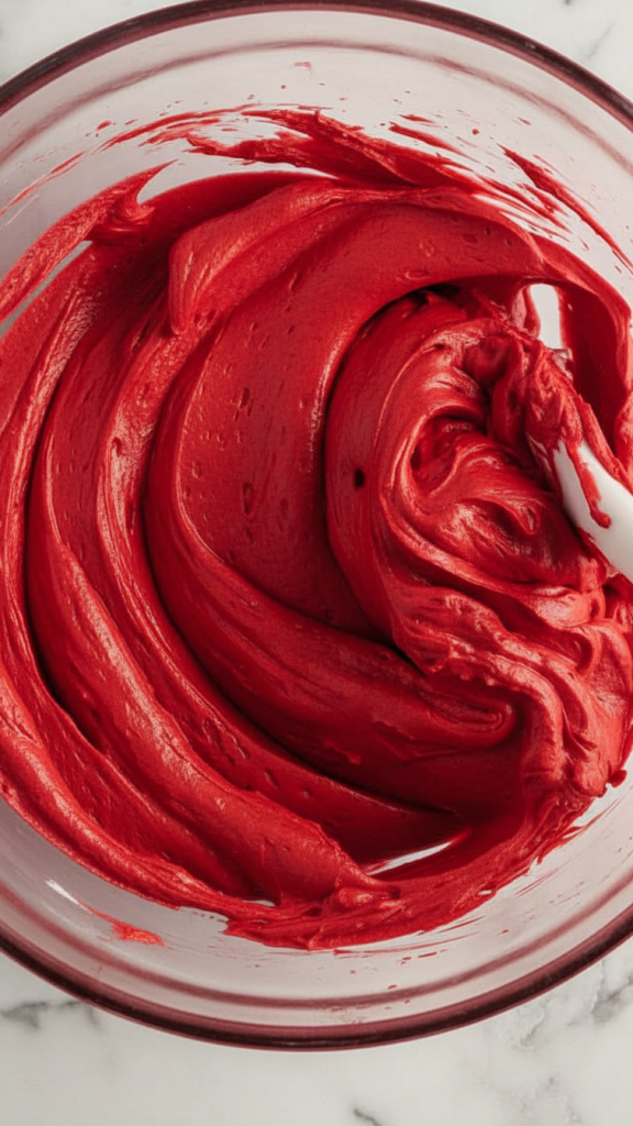 creamy red velvet mixture in glass bowl