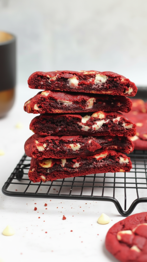 red velvet cookies open and showing their gooey centers