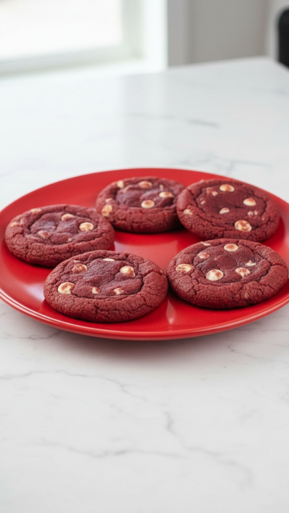 red velvet cookie on a red plate