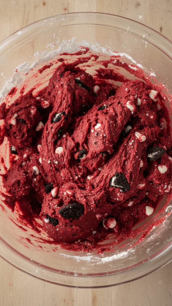 Red Velvet dough mixture mixed in a glass bowl
