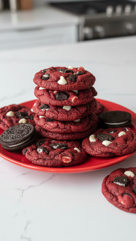 Red Velvet Oreo Cookies on a red plate 