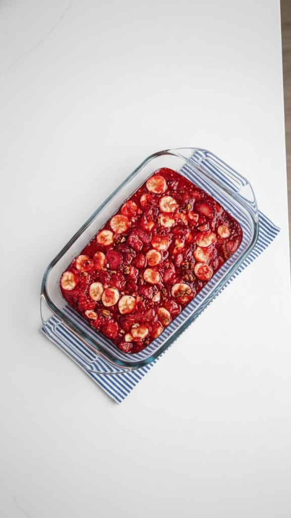 Strawberry Jello Salad in a glass baking tray