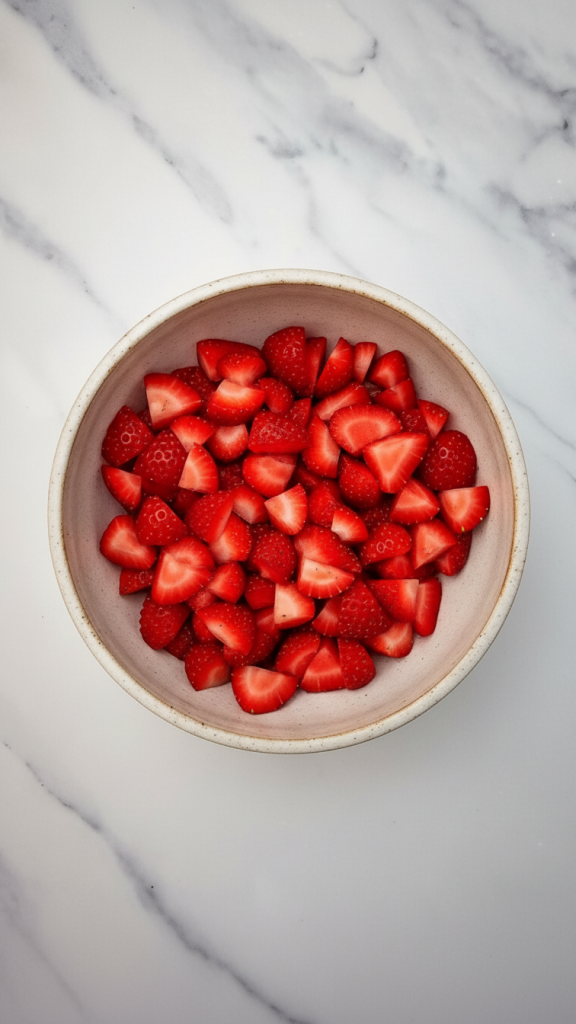 chopped up strawberries in a bowl.