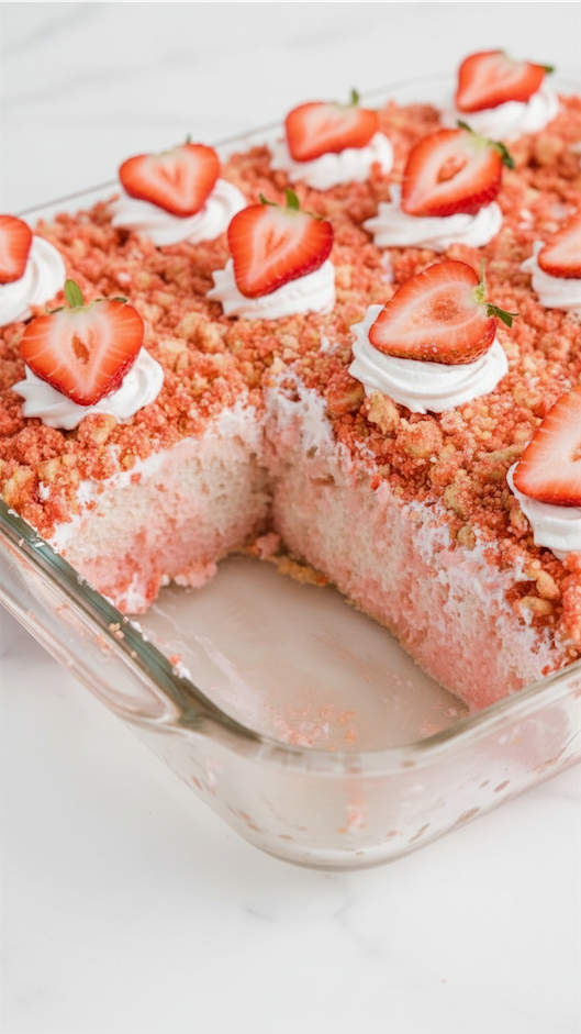 close up of Strawberry Crunch Poke Cake 