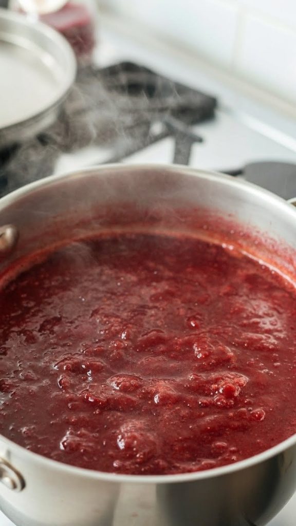 thick strawberry syrup heated on the hob