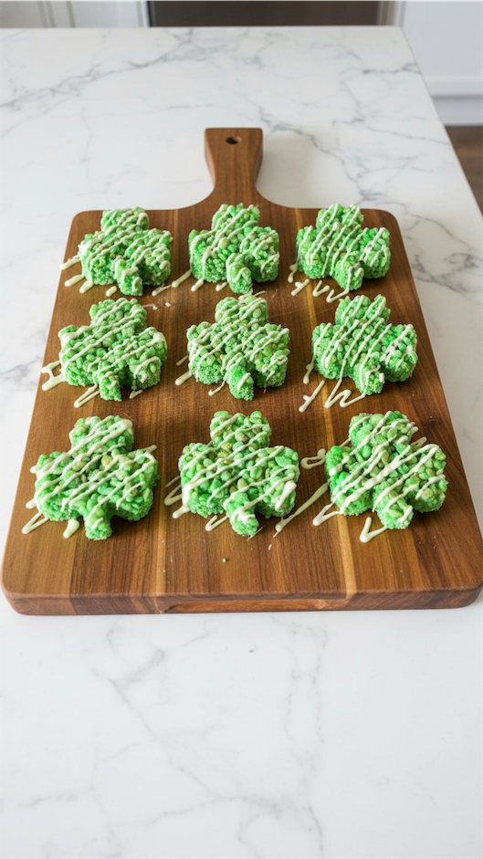 Shamrock Green Rice Krispie on a rustic wooden board
