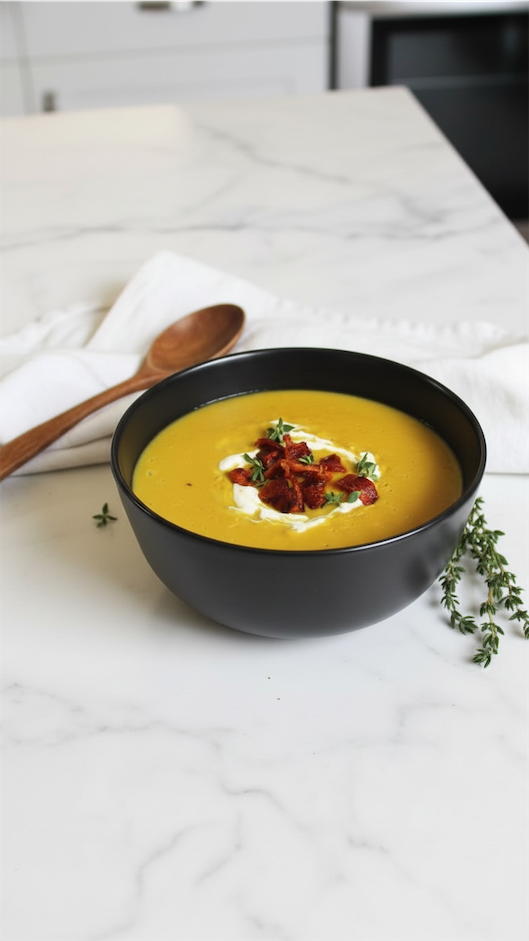 Bacon and Parsnip Soup in a black bowl 