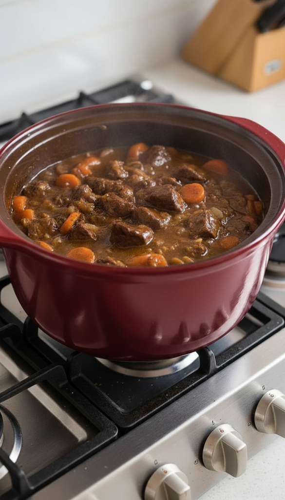 Irish Beef and Guinness Stew in a red crockpot