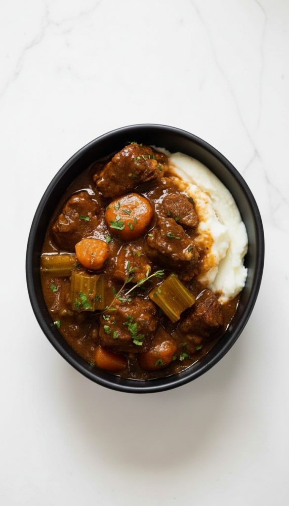 beef stew in a black oval bowl