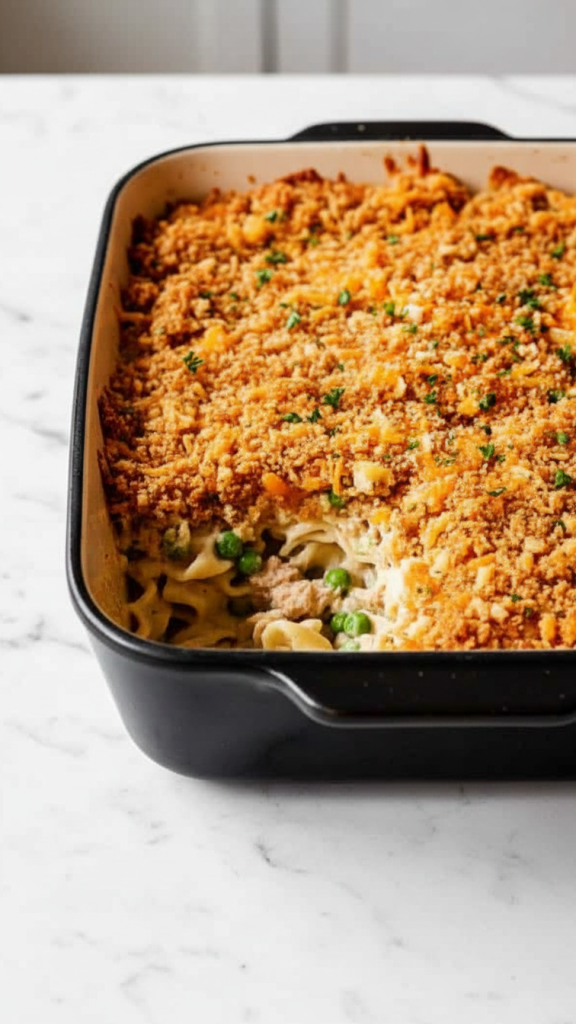 Tuna Noodle Casserole in black baking dish 