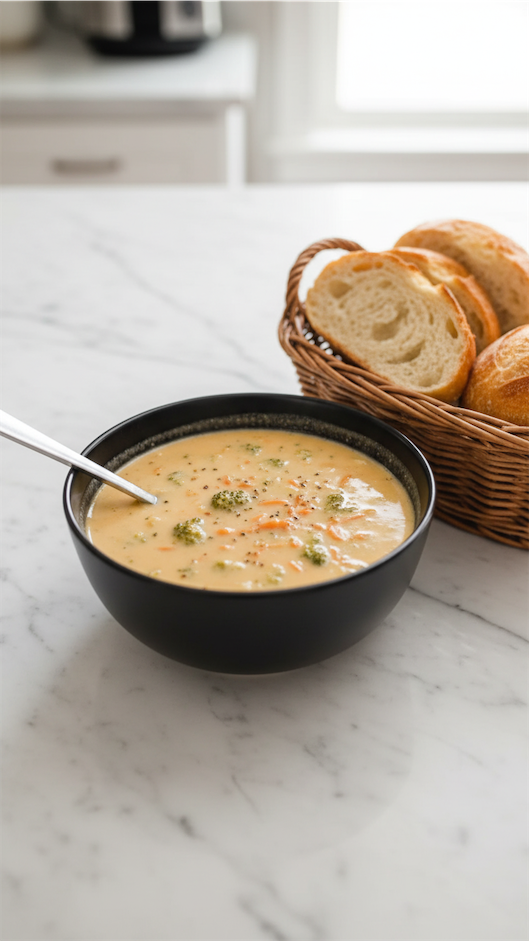 Cheese and Broccoli Soup made next to bread basket