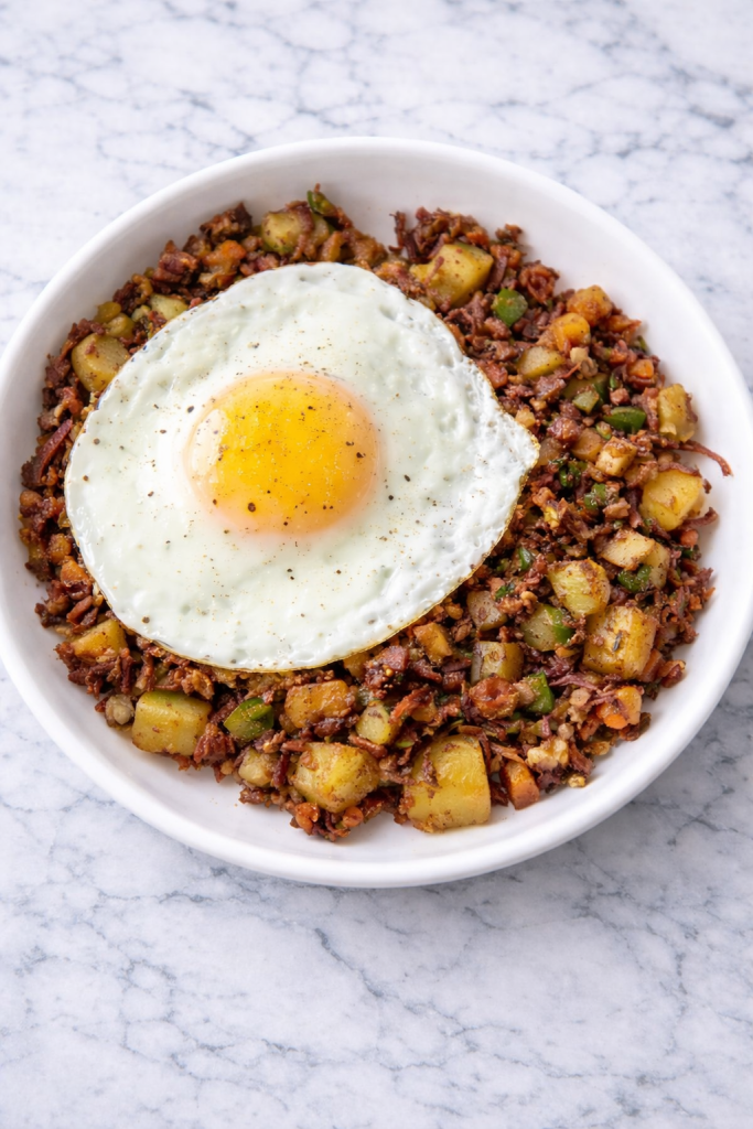 Easy Corned Beef Hash with Fried Eggs in white bowl