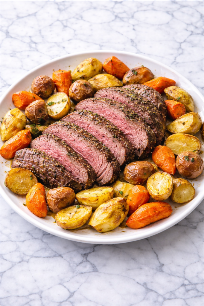 Corned Beef, Potatoes and Carrots Sheet Pan Dinner on white plate