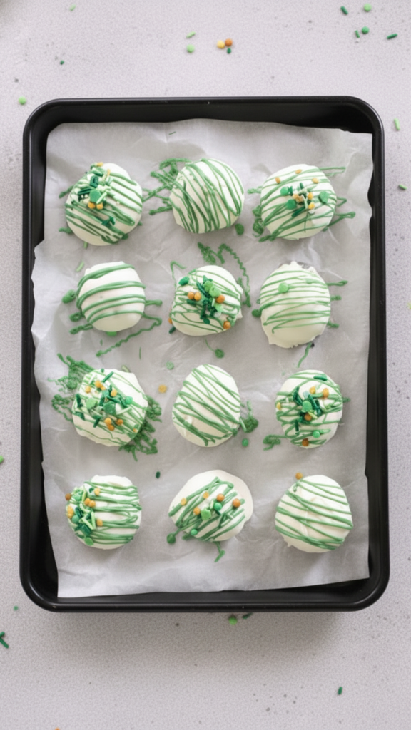 St Patrick's Day Oreo Truffles on a black baking tray