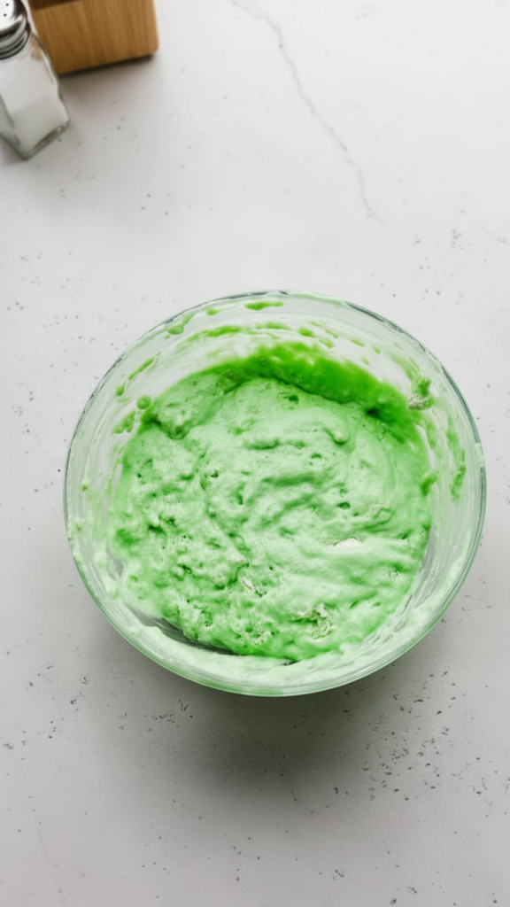 wet and dry ingredients mixed together with green food color