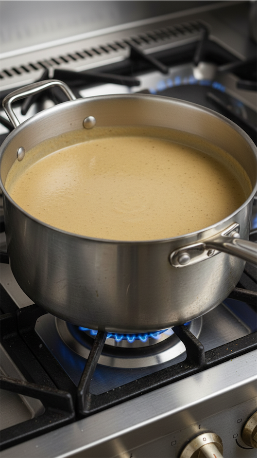 Parsnip and Hazelnut Soup in saucepan on hob