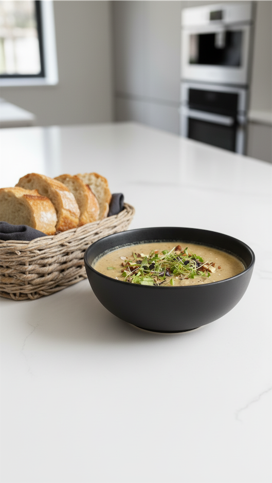 Parsnip and Hazelnut Soup served in a black bowl