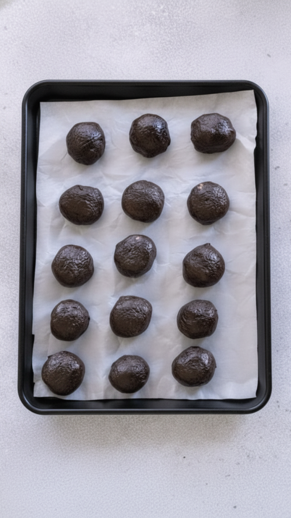 oreo ball mixture on a black baking tray