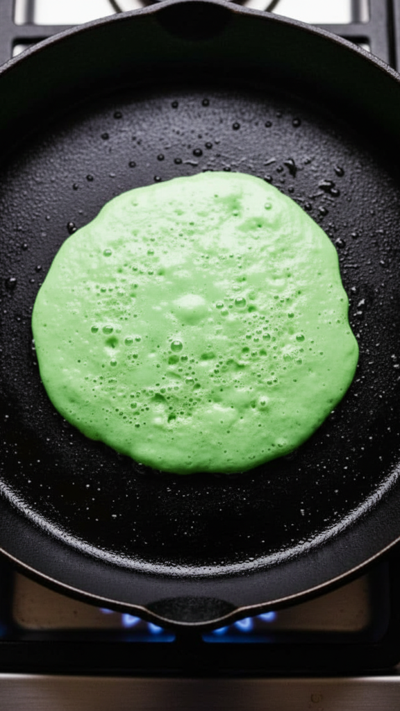 Leprechaun Pancake batter in a black skillet pan