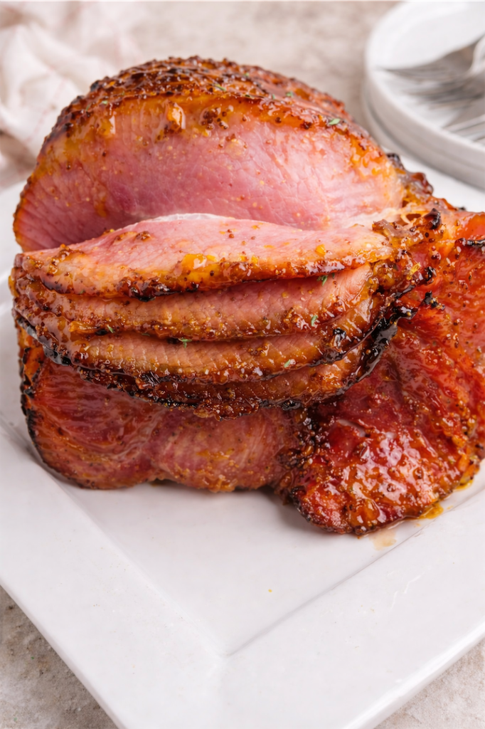 Peach Glazed Baked Ham on a white plate