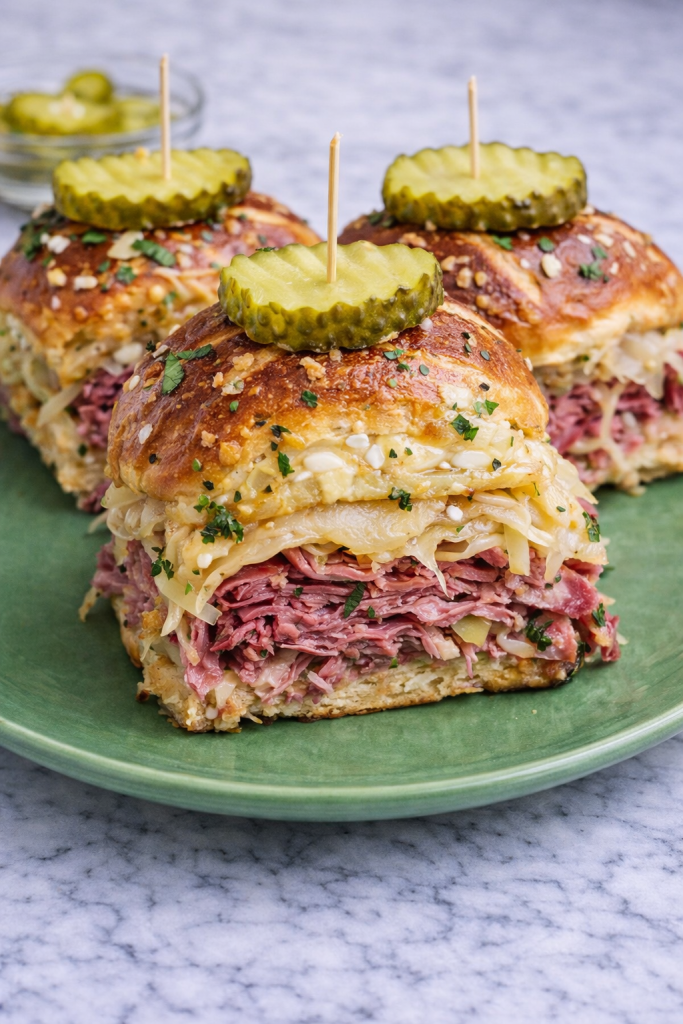 Reuben Pretzel Roll Sliders on a green plate