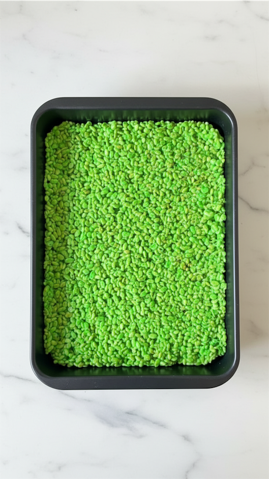 green rice krispie mixture in a black pan