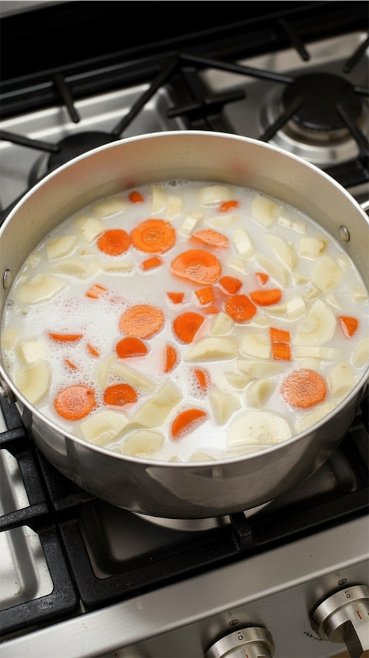 veg in a big metal pot simmering