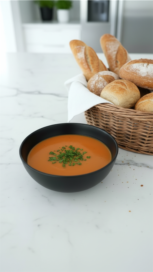 Dairy Free Curried Sweet Potato Soup made in a black bowl next to bread basket
