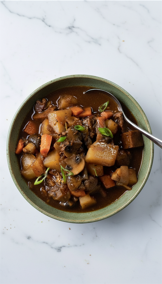 vegan irish beef stew served in green bowl