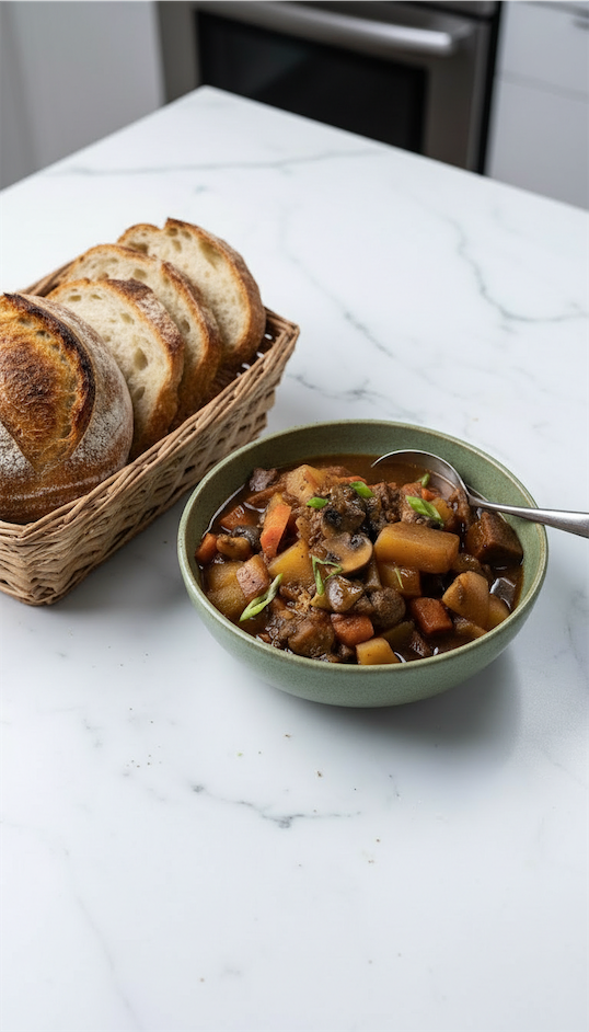 vegan Irish stew recipe served in a green ceramic bowl with bread