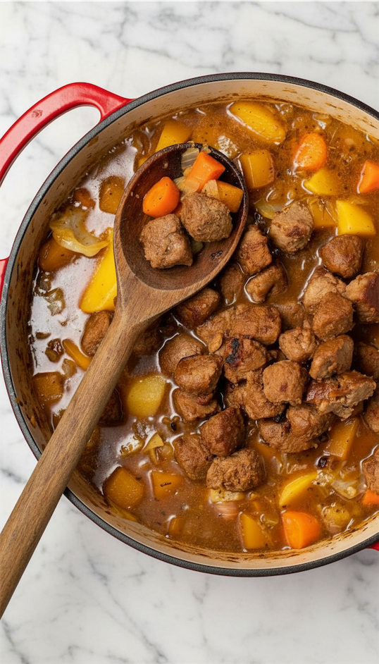 vegan Irish stew recipe with Guinness in Dutch Oven 