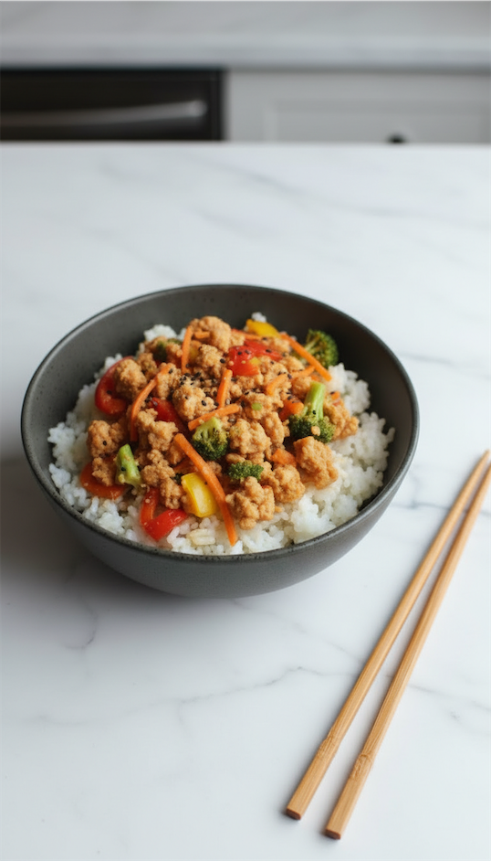 Asian Ground Chicken in black bowl next to chopsticks