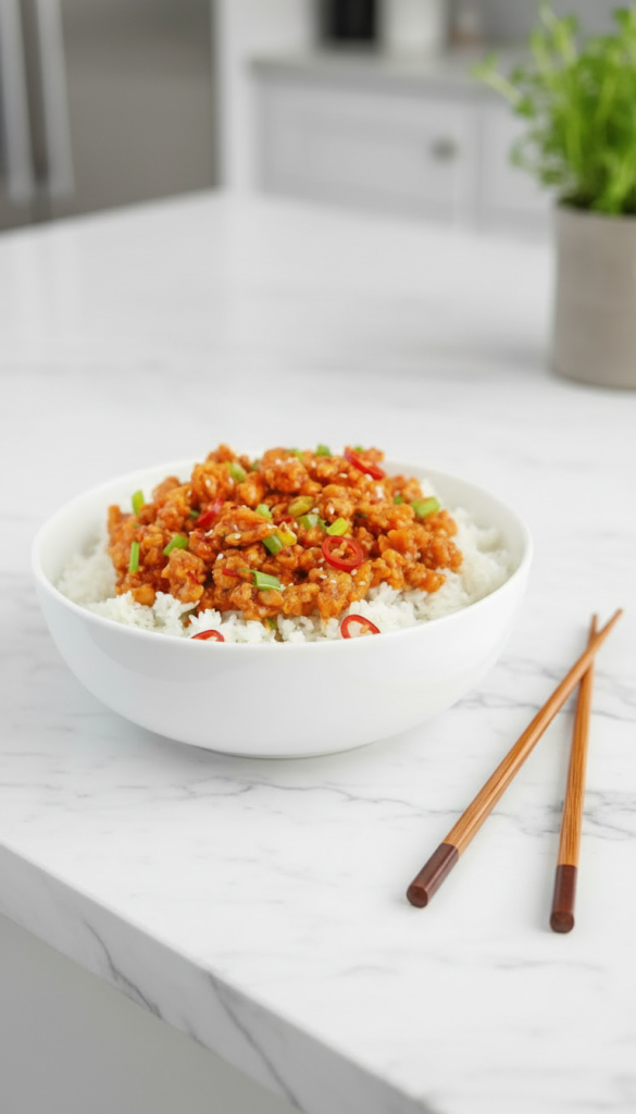 Spicy Chili Orange Ground Chicken  on kitchen island next to chopsticks