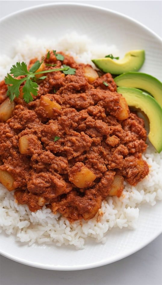 Puerto Rican Corned Beef Hash on a plate with rice and avocado