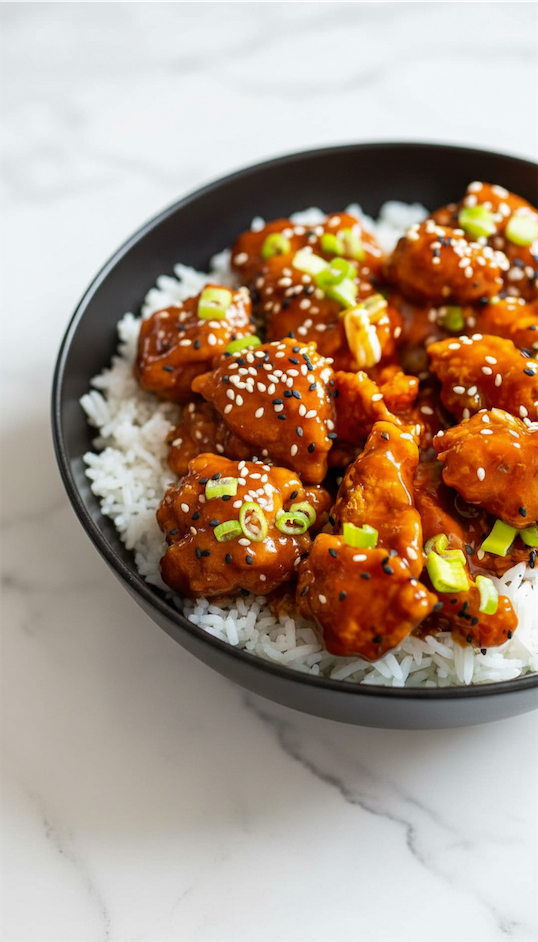 Air Fryer Orange Chicken on rice