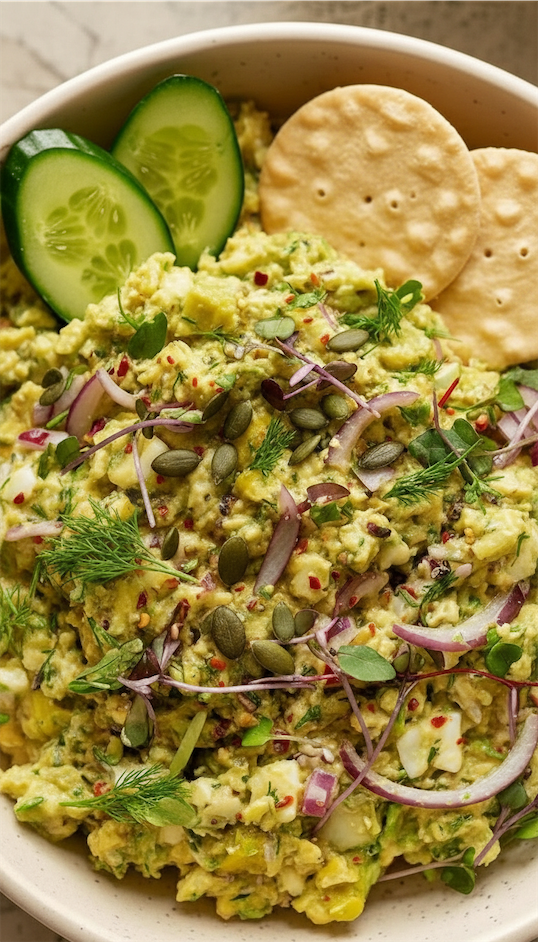 Crunchy Avocado Egg Salad with Toasted Seeds in bowl with crackers