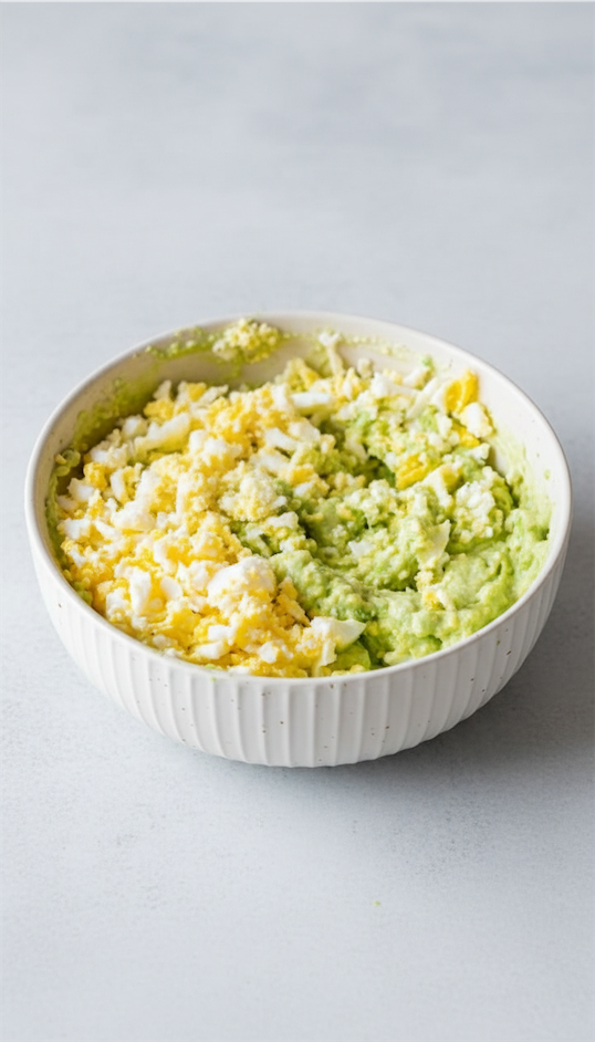 avocado and egg mashed together in white bowl