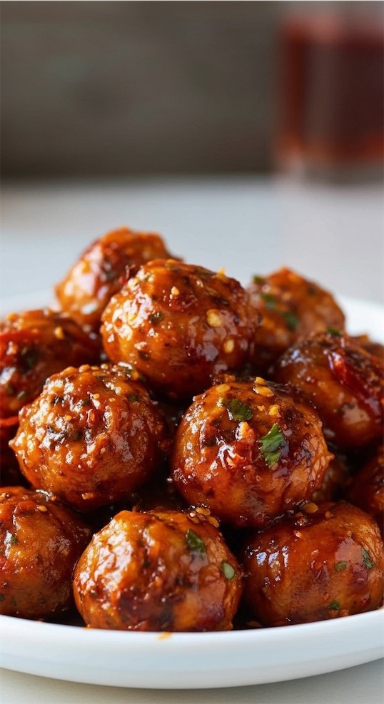 Orange Ground Chicken Meatball in a white bowl with chilli 