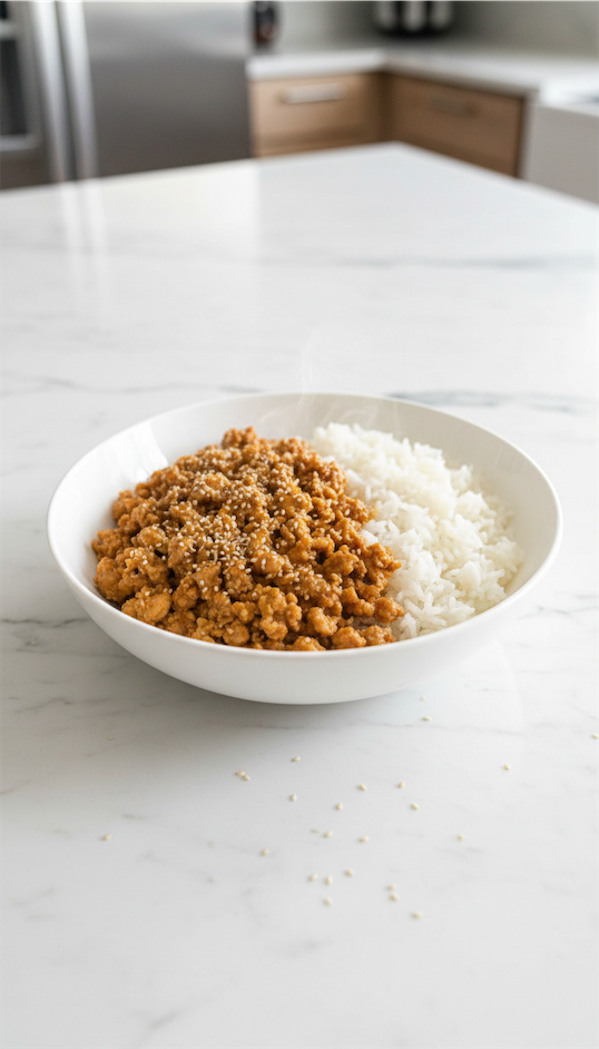 Orange Juice Ground Chicken served with rice in white bowl