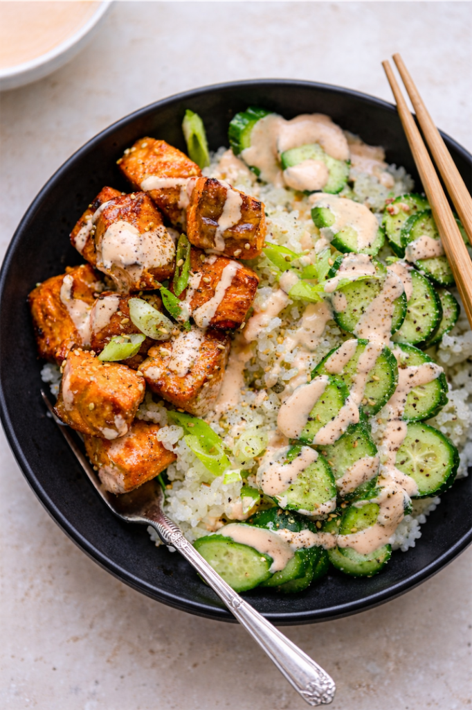 Salmon Bites Poke Bowl in a black bowl