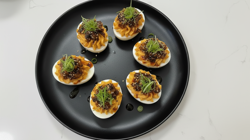 Gochujang, Chili Crisp & Crunchy Shallot Deviled Eggs