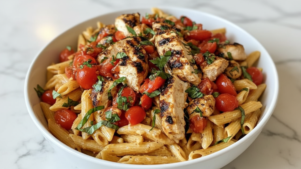 High Protein One Pot Creamy Bruschetta Chicken Pasta