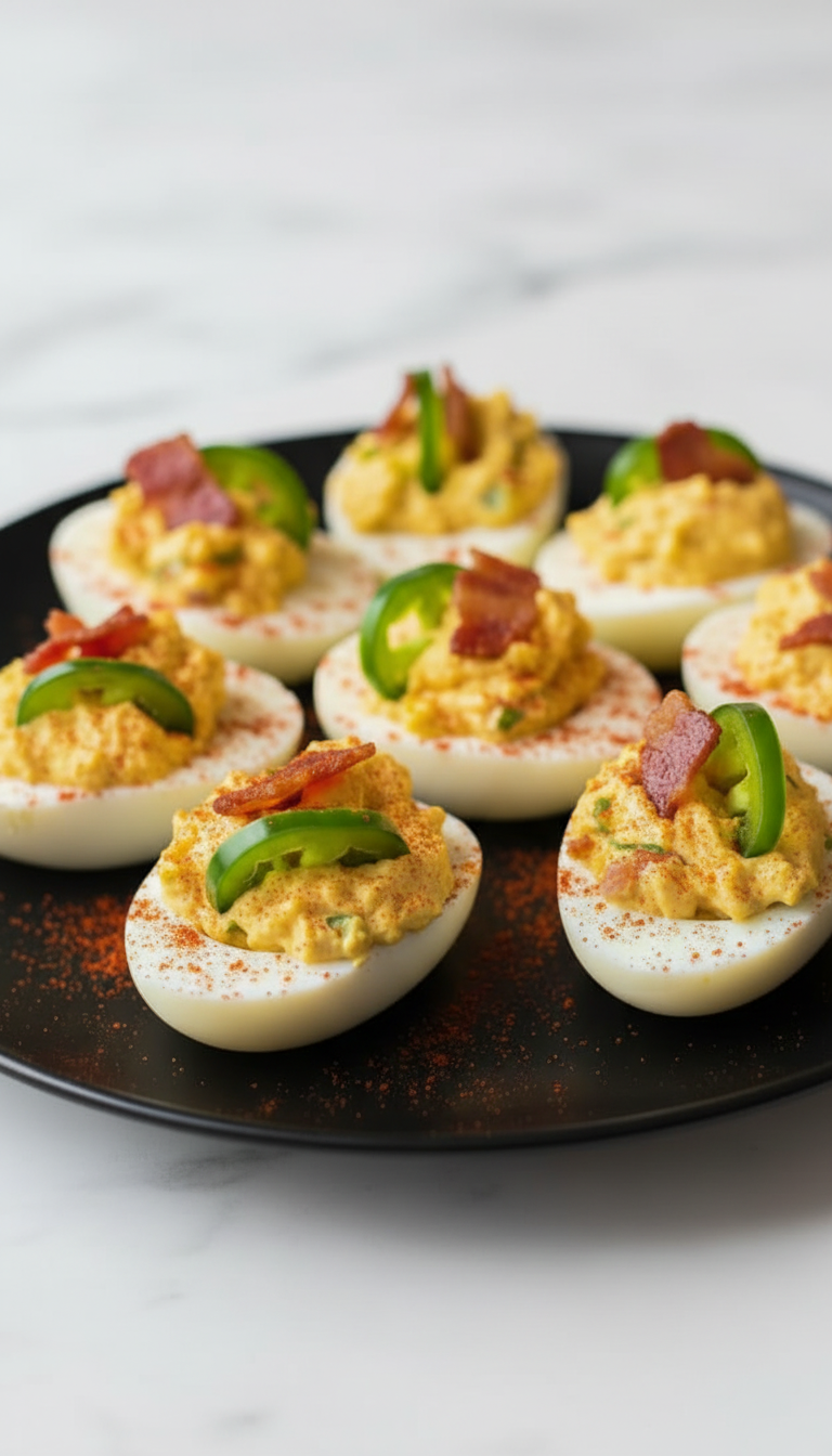 Jalapeño Deviled Eggs with Sour Cream with paprika on top